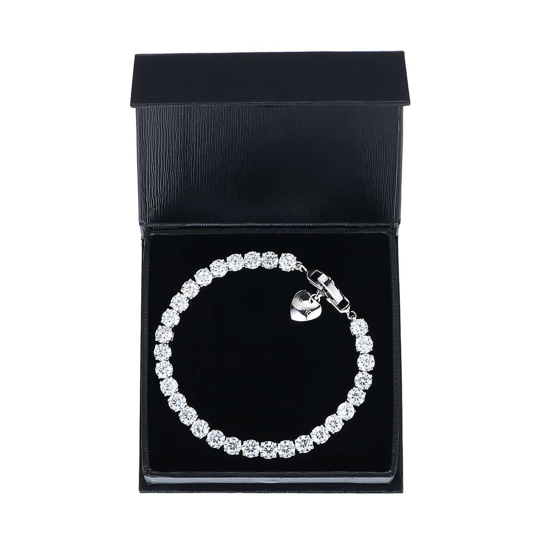 7CT BRILLIANT CUT SIMULATED SAPPHIRE RHODIUM PLATED TENNIS BRACELET WITH CHARM