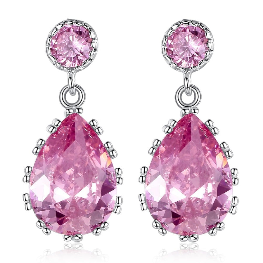 6 CARAT CREATED SAPPHIRE PEAR CUT RHODIUM PLATED EARRINGS IN BLUE OR PINK