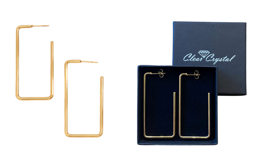 Large Rectangular Yellow Gold Tone Earrings