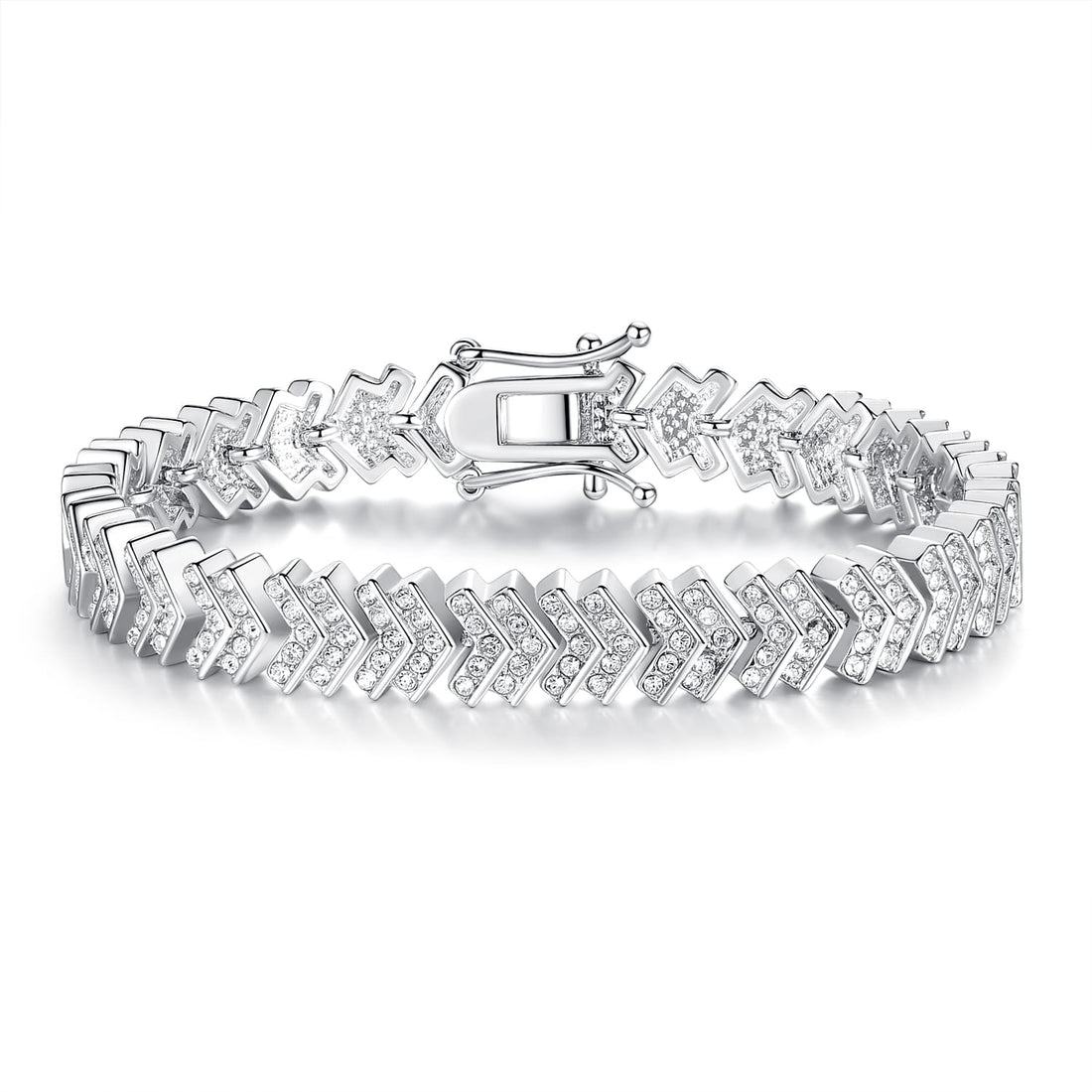Silver toned, white gold plated bracelet featuring clear cut crystals set in chevron design links with an elegant clasp integrated into the design