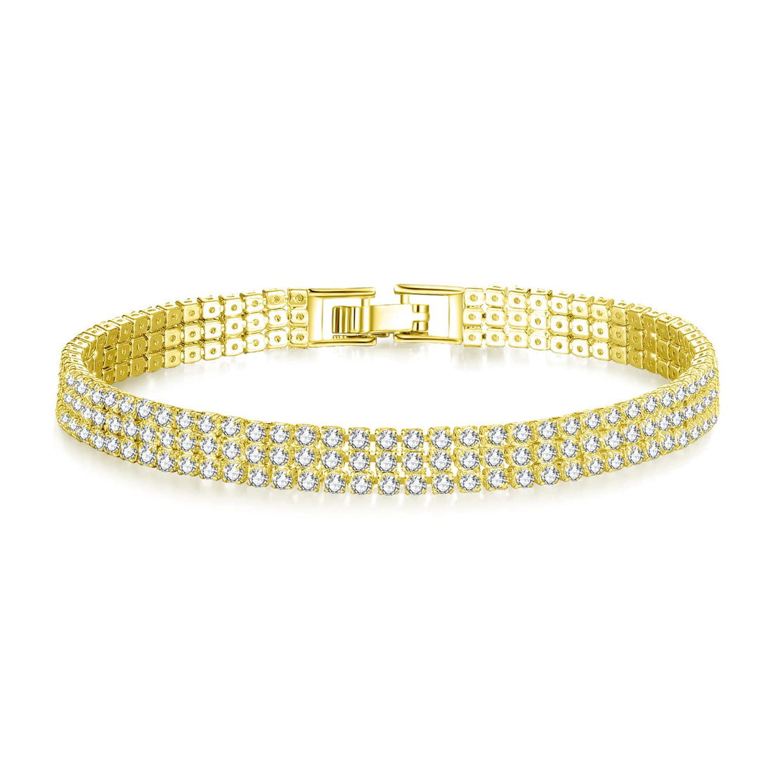 Yellow Gold Plated bracelet featuring over 220 clear cut simulated sapphires finished with an elegant flat clasp fastening