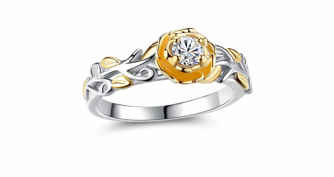 Rose Style Dual Tone Gold Plated Ring Made With Crystals