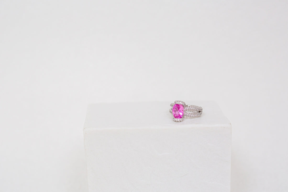 Oval Cut Synthetic Pink Spinel Ring With Rhodium Plating