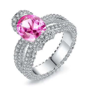 Oval Cut Synthetic Pink Spinel Ring With Rhodium Plating