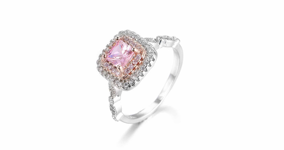 Rhodium plated pink square cut simulated sapphire ring