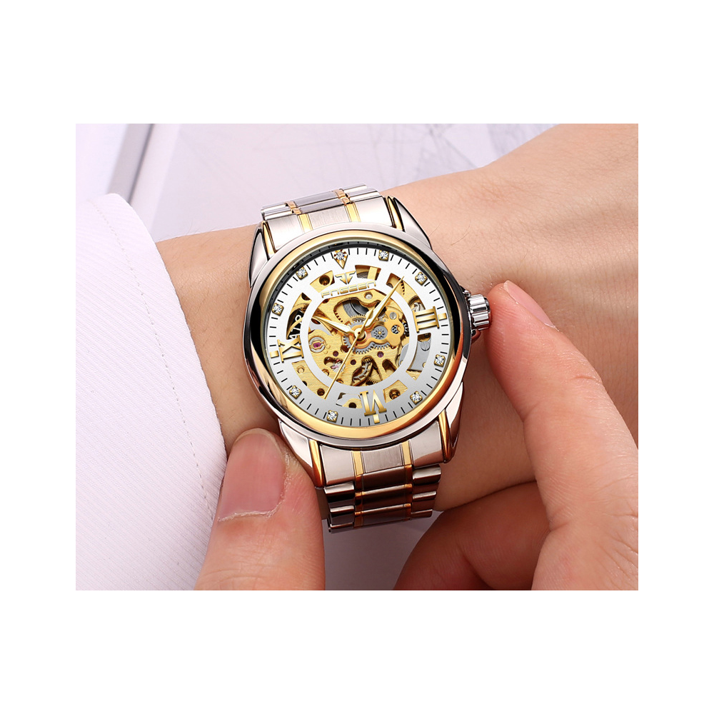 Gents Automatic Watch with Crystals & Jewels - White & Stainless Steel Face