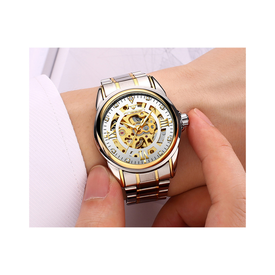 Gents Automatic Watch with Crystals & Jewels - White & Stainless Steel Face